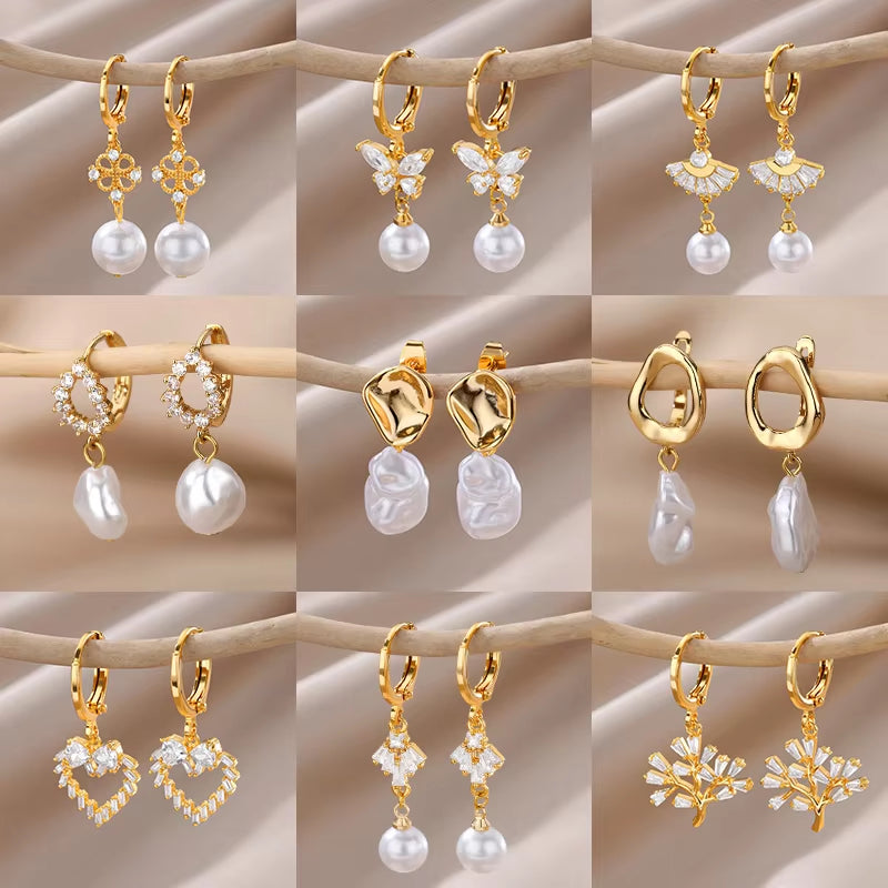 Zircon Pearl Earrings for Women 2023 Trending Stainless Steel Gold Color Drop Earring Wedding Party Luxury Jewelry Bijoux Femme