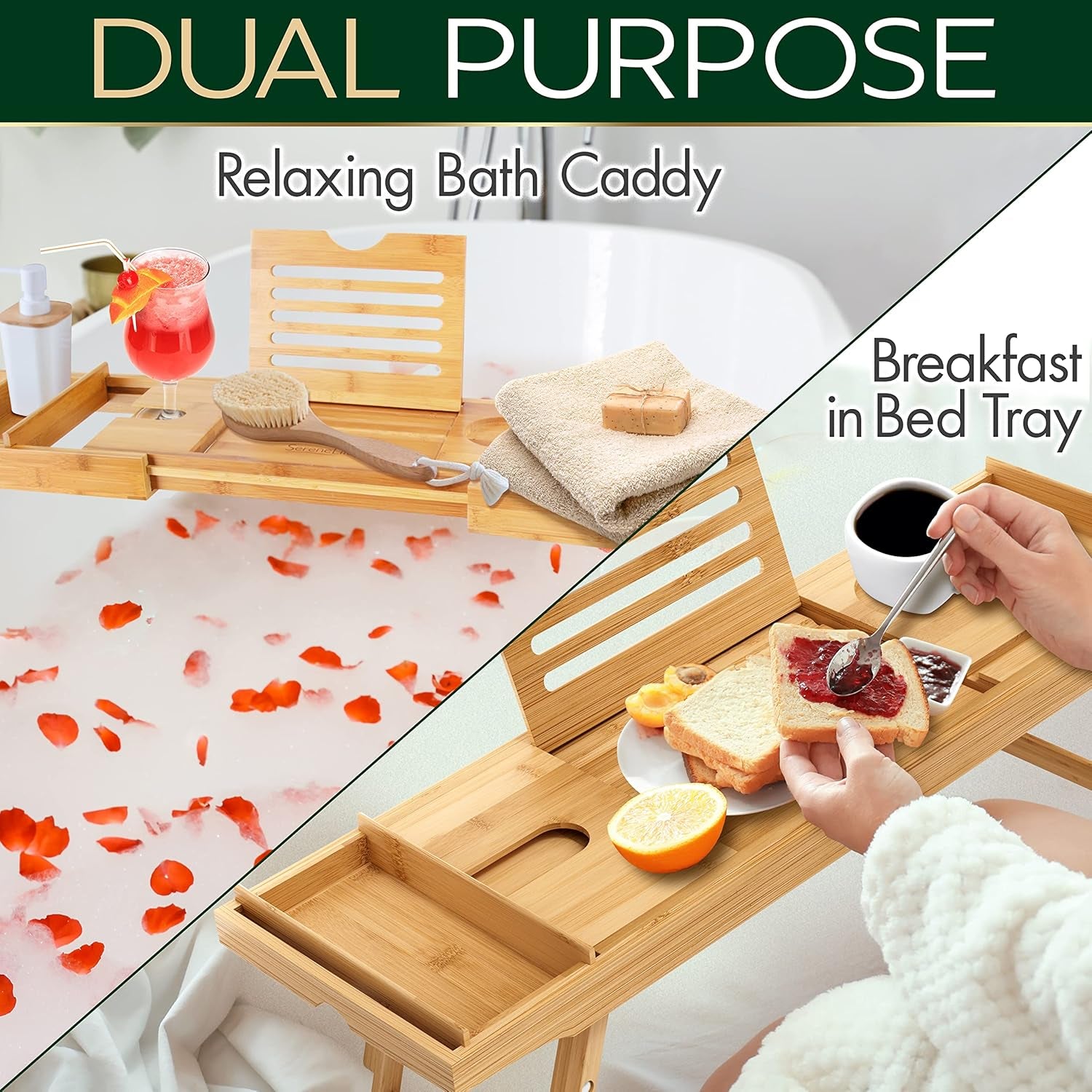 Bath Caddy Breakfast Tray Combo - Natural Bamboo Wood Waterproof Tub and Bed with Folding Slide-Out Arms, Device Grooves, Wine Glass Soap Holder